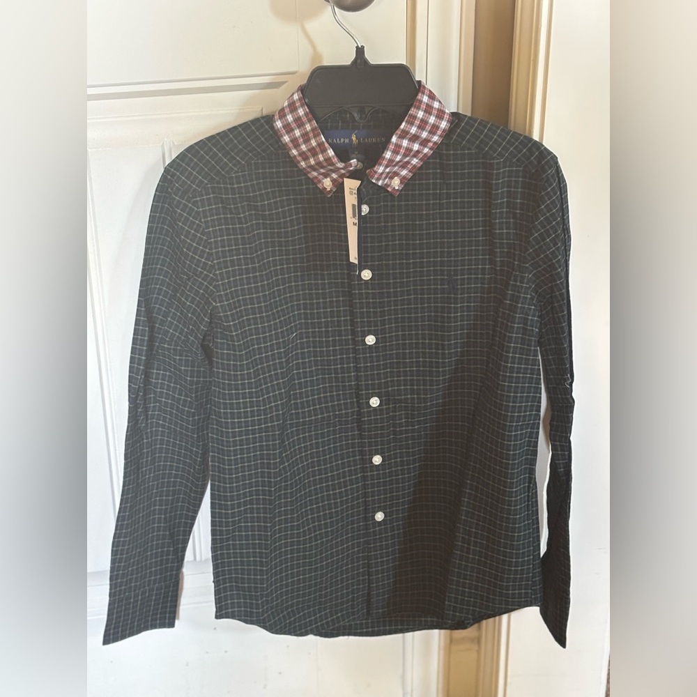 Boy’s Green Checkered Shirt with Red Plaid Collar